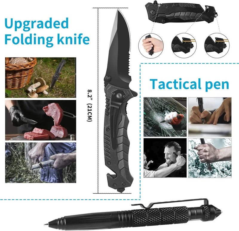 Survival Gear Kits Outdoor Survival Gear Tool for Trip,with Fire Starter, Whistle, Wood Cutter, Tactical Pen for Camping, Hiking